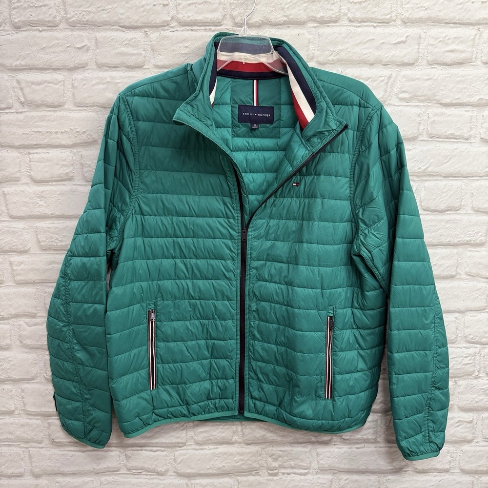 Tommy Hilfiger Men's XL Lightweight Quilted Puffer Bomber Jacket Teal Packable